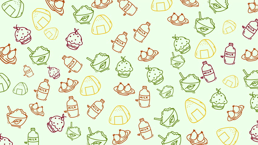 This playful vector pattern features outlined illustrations of breakfast items snacks and Japanese onigiri milk bottles and cupcakes on a light green background. It is perfect for food packaging menu 