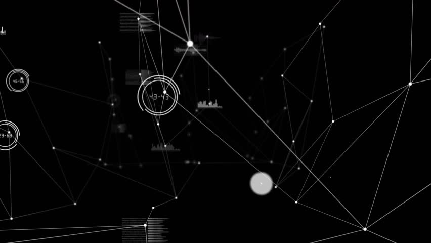 White lines, number circle emerging, phone and music icons grouping, linking into expanding network. Abstract, technology, connectivity, data visualization, digital, network, innovation - Powered by Shutterstock - Get 15% off with code: PIKWIZARD15