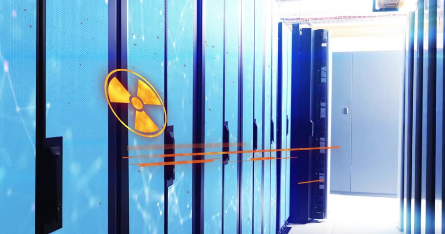 Orange hazard symbol fading over server cabinets, sliding lines morphing into WARNING urging action. Data center, cybersecurity, safety signal, digital infrastructure, industrial design