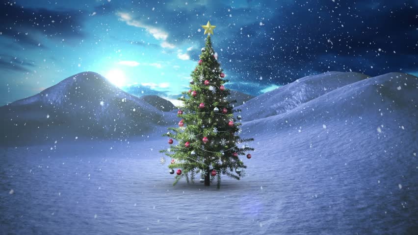 Decorated pine tree emitting golden fireworks after one second delay creating snowy holiday scene. Festive, winter, celebration, illumination, tradition, idyllic, seasonal