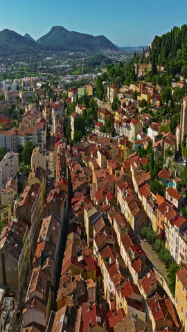  Aerial view of ancient streets and houses of the historic center of the city of Hyeres in the Var department on the azure coast