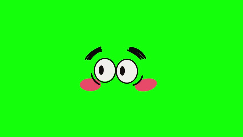 A 2D animation of cartoon eyes with black eyebrows and pink cheek marks, looking from left to right on a green screen.
