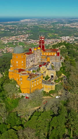  Aerial view of famous historic National Palace of Pena in Sintra, Lisbon, Portugal