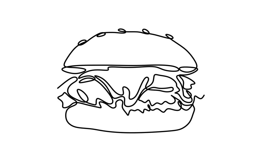 Animated self drawing of continuous line draw burger or hamburger . Silhouette of fast food restaurant burger with cheese, cutlet and salad.  Full length one line animation. 4K