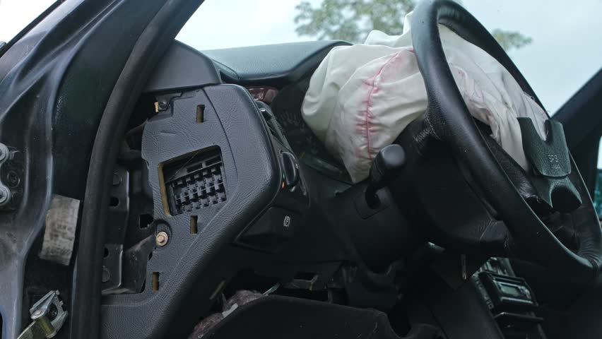 Damaged Car Interior with Deployed Airbag after Road Crash Accident 