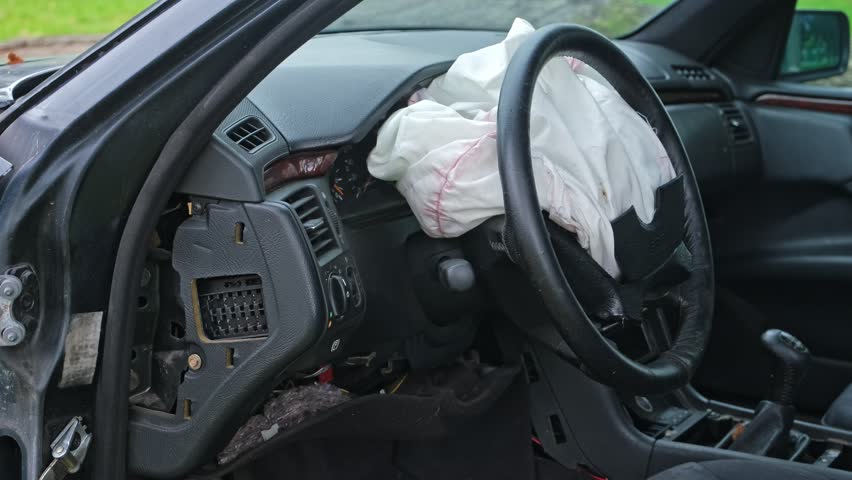Damaged Car Interior with Deployed Airbag after Road Crash Accident 