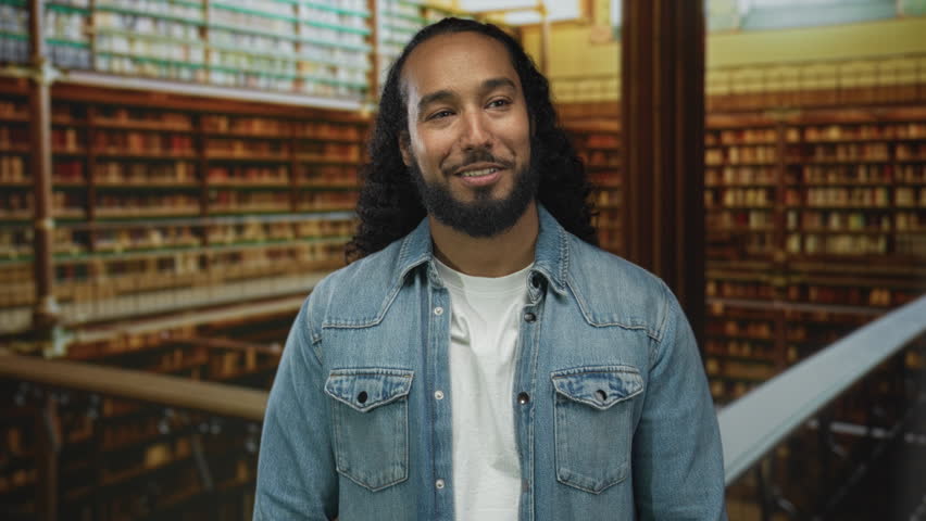 Man with beard smiling and looking sideways in a library building among bookshelves and railing; thoughtful curiosity.