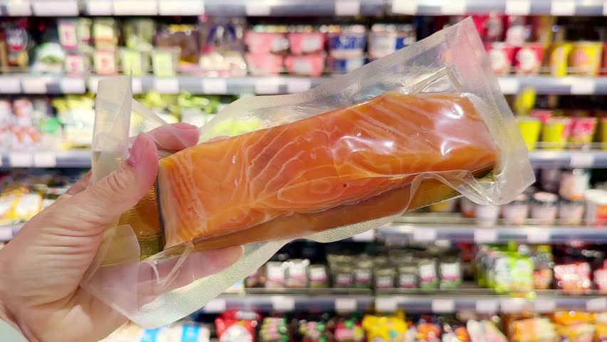 fresh fish (salmon) and seafood in supermarket