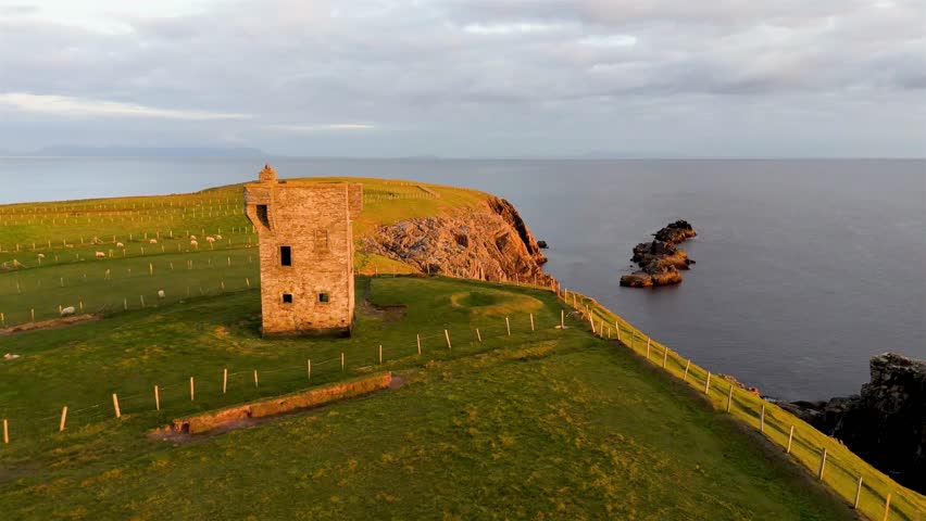 Aerial view of the coast at Malin Beg at the Napoleonic Signal Tower - County Donegal, Ireland