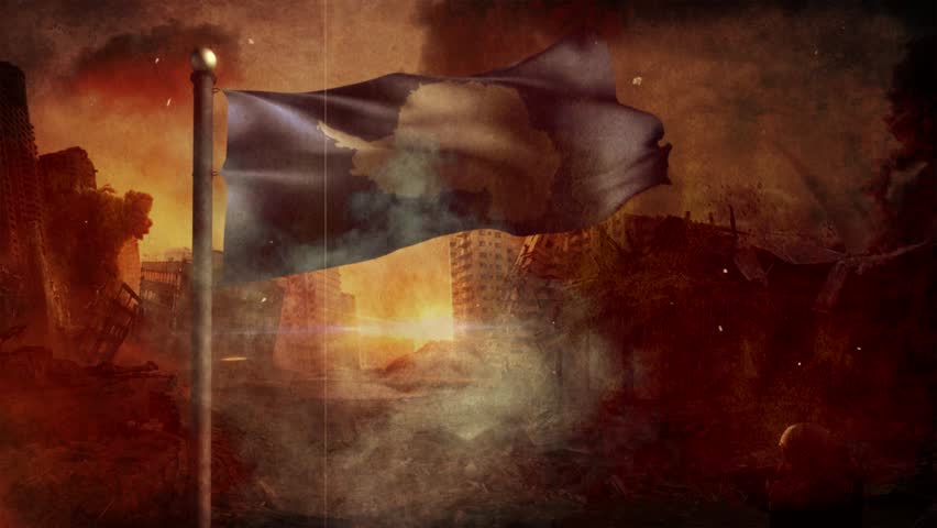 Antarctica Flag with Cinematic Apocalypse Scene and Burning City