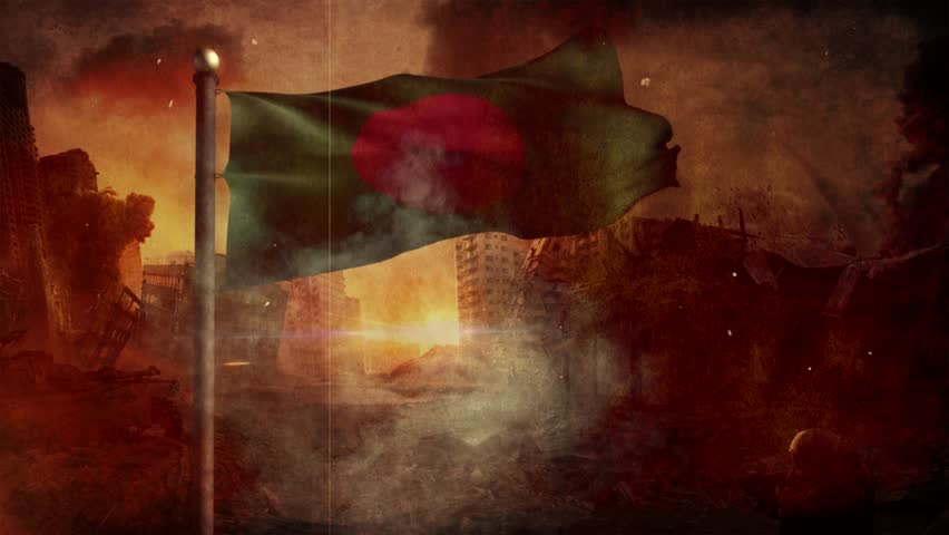 Bangladesh Flag with Cinematic Apocalypse Scene and Burning City