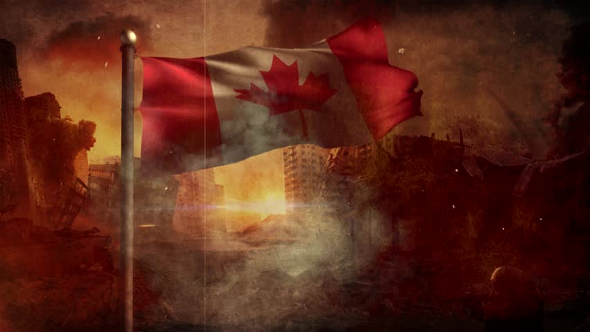 Canada Flag with Cinematic Apocalypse Scene and Burning City