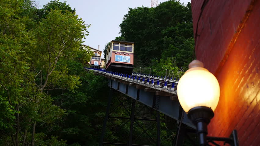 Looking up at the cars of Monongahela Incline as they travel up and down Mount