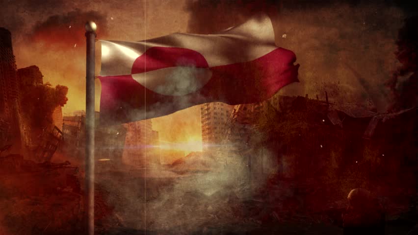 Greenland Flag with Cinematic Apocalypse Scene and Burning City