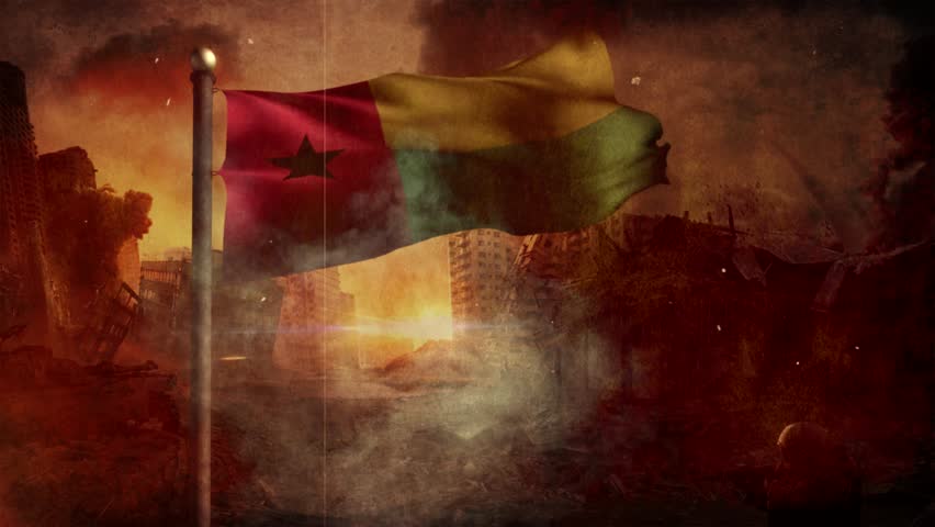 Guinea Biisau Flag with Cinematic Apocalypse Scene and Burning City
