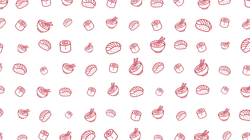 Food Doodle red white sushi ramen icon background 4K video