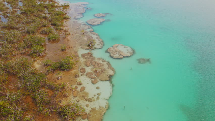 Aerial view of Bacalar Lagoon in Mexico showing turquoise waters and stromatolites along the shore during a sunny day