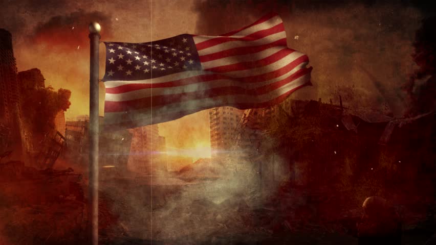 United States Flag with Cinematic Apocalypse Scene and Burning City