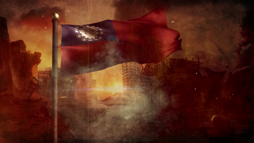 Myanmar Burma Flag with Cinematic Apocalypse Scene and Burning City