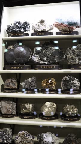 Vertical screen pyrite fluorite galena sphalerite and chalcopyrite minerals displayed in illuminated museum case geological exhibit showing metallic crystals textures and natural formations