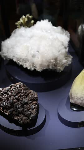 Vertical screen mineral crystals and rock formations displayed in museum glass case illuminated by soft light showing natural textures and shapes representing geology science and earth treasures