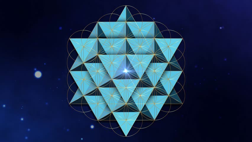 Animation of Spiritual Flower of Life, watercolor style, light neon effect seed of life, 3D Sacred Geometry, gold bright mystical symbol of harmony, balance. Starry galaxy blue background, video loop