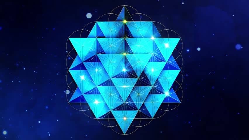 Animation of Spiritual Flower of Life, watercolor style, light neon effect seed of life, 3D Sacred Geometry, gold bright mystical symbol of harmony, balance. Starry galaxy blue background, video loop