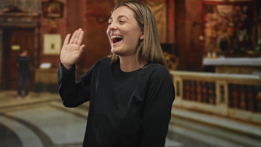 Young blonde woman laughing and waving inside ornate catholic church building with altar, railing and marble steps visible; joyful worship moment.