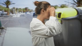 Woman making hand binoculars by a recycling container on a street near trash bins, hands framing eyes in playful pose; playful curiosity. - Powered by Shutterstock - Get 15% off with code: PIKWIZARD15