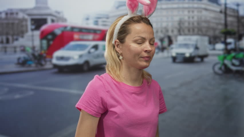 Woman in pink shirt wearing bunny ears cups hands around mouth while shouting on busy city street; excitement.