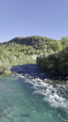 River trees sky Lush greenery of the canyon as seen . High quality photo