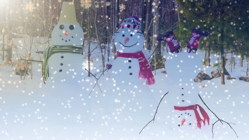 Winter snowfall covers snowmen standing wearing scarves and hats in a snowy forest landscape.