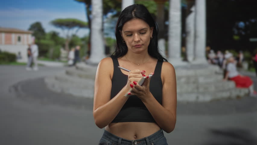 Woman standing writing in notepad with pen in building courtyard with stone columns under sunlight; serenity introspection reflection concentration.