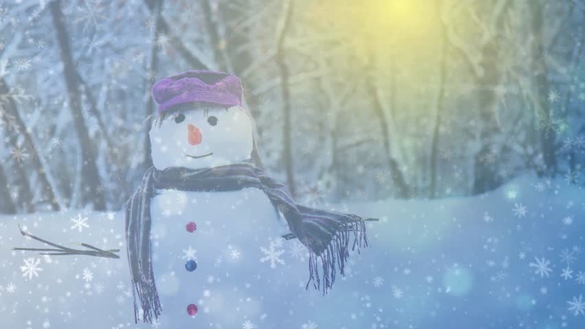 Winter snowfall covers snowmen standing wearing scarves and hats in a snowy forest landscape.