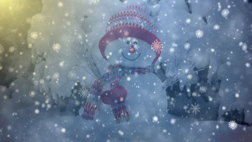 Winter snowfall covers snowmen standing wearing scarves and hats in a snowy forest landscape.