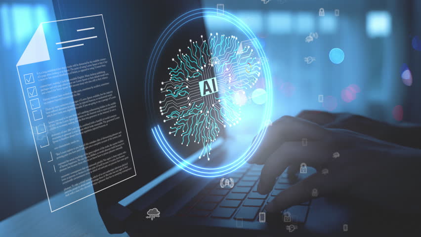 Futuristic concept of artificial intelligence and machine learning technology with a human hand typing on a laptop, representing AI integration in digital data processing and automation. - Powered by Shutterstock - Get 15% off with code: PIKWIZARD15