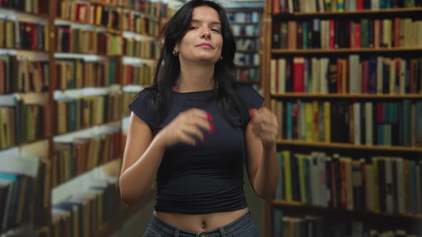 Woman pumping fists among bookshelves in library while wearing navy top and jeans, smiling broadly; excitement.