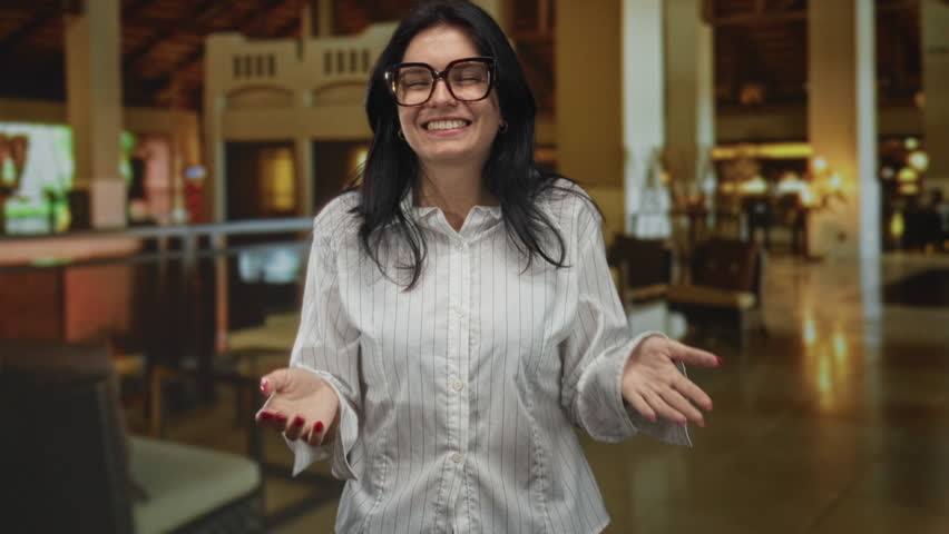 Smiling young hispanic woman in striped white shirt casually blows a kiss toward the camera inside a hotel building; affection.
