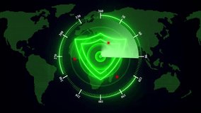 Futuristic cyber security visualization featuring a glowing red digital shield, radar scanning across a world map, highlighting global network protection and real-time threat detection systems. - Powered by Shutterstock - Get 15% off with code: PIKWIZARD15
