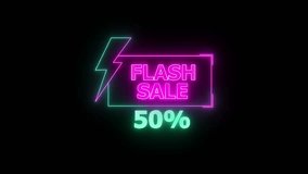 Neon flash sale 50% off announcement glowing sign with lightning bolt graphic on black. Neon 50% sale tag symbolizes discount and promotion. Digital design reflects marketing and business deals. - Powered by Shutterstock - Get 15% off with code: PIKWIZARD15