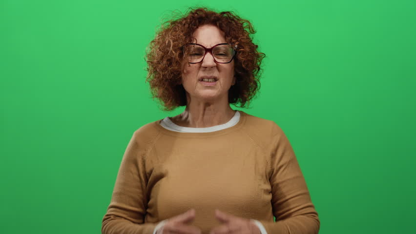 Woman experiencing throat pain, expressing discomfort and holding her neck, standing against a bright green background, showing evident expression of middle-aged hispanic woman, wearing glasses.