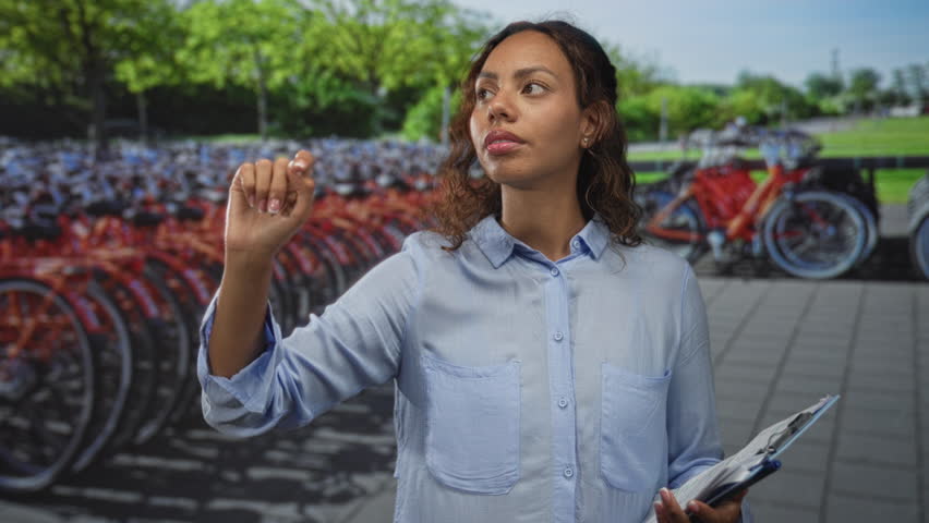 Woman points finger to a bike rack while holding a clipboard and gesturing to rental parking on a busy city street; determination.