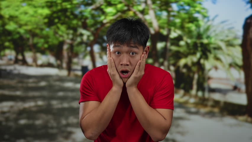 Young man with shocked expression in park setting wearing red shirt under trees outdoors vivid sunny day backdrop