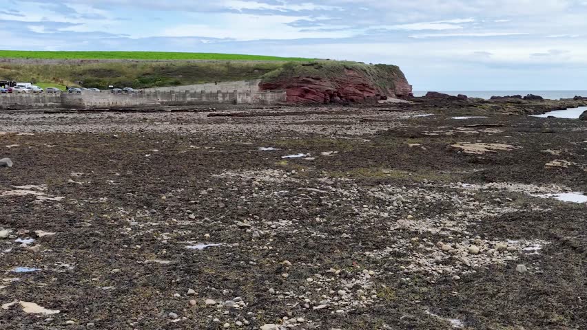 Wide shot of rocky Scottish coastline at low tide, revealing seaweed, cliffs, and tidal pools