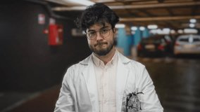 Young man with beard and glasses standing indoors in a parking lot wearing a white lab coat, looking focused and thoughtful in an academic setting - Powered by Shutterstock - Get 15% off with code: PIKWIZARD15