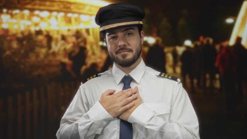 Young hispanic man in a pilot uniform with a beaming smile stands with hands on heart at a bustling night fair, creating a heartwarming image of gratitude and joy.