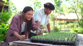 Students, male and female, studying wheat seedlings in tray, carefully collecting growth data, representing modern agricultural research, technology, education, and sustainable farming innovation. - Powered by Shutterstock - Get 15% off with code: PIKWIZARD15