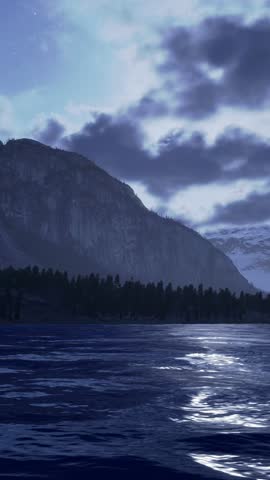 Moonlit Lake and Majestic Mountains with Pine Forest Under a Starry Night Sky, 3D Render