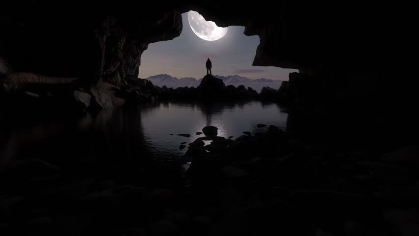 Silhouette of a Person Gazing at the Majestic Moon and Aurora Borealis from a Dark Cave Opening