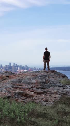 Man Standing on Mountain Peak Overlooking a Vast City Skyline and Water, 3D Render